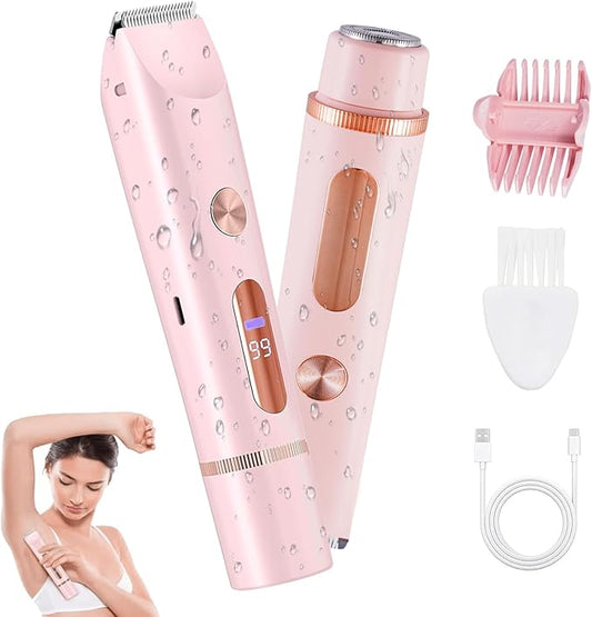 2 in 1 Bikini Trimmer for Women, Dual Head Electric Shaver with LED Display for Body Pubic Hair, IPX7 Waterproof Rechargeable Womens Electric Razor for Armpit Leg Body Facial-Velvo Beauty
