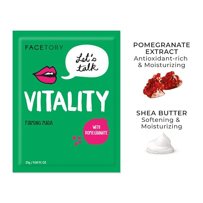 FACETORY K Beauty Face Mask Skin Care - LET'S TALK VITALITY FIRMING Sheet Mask with Pomegranate & Shea Butter | Firming Mask with Antioxidants, Plump & Hydrate (5 Pack)-Velvo Beauty