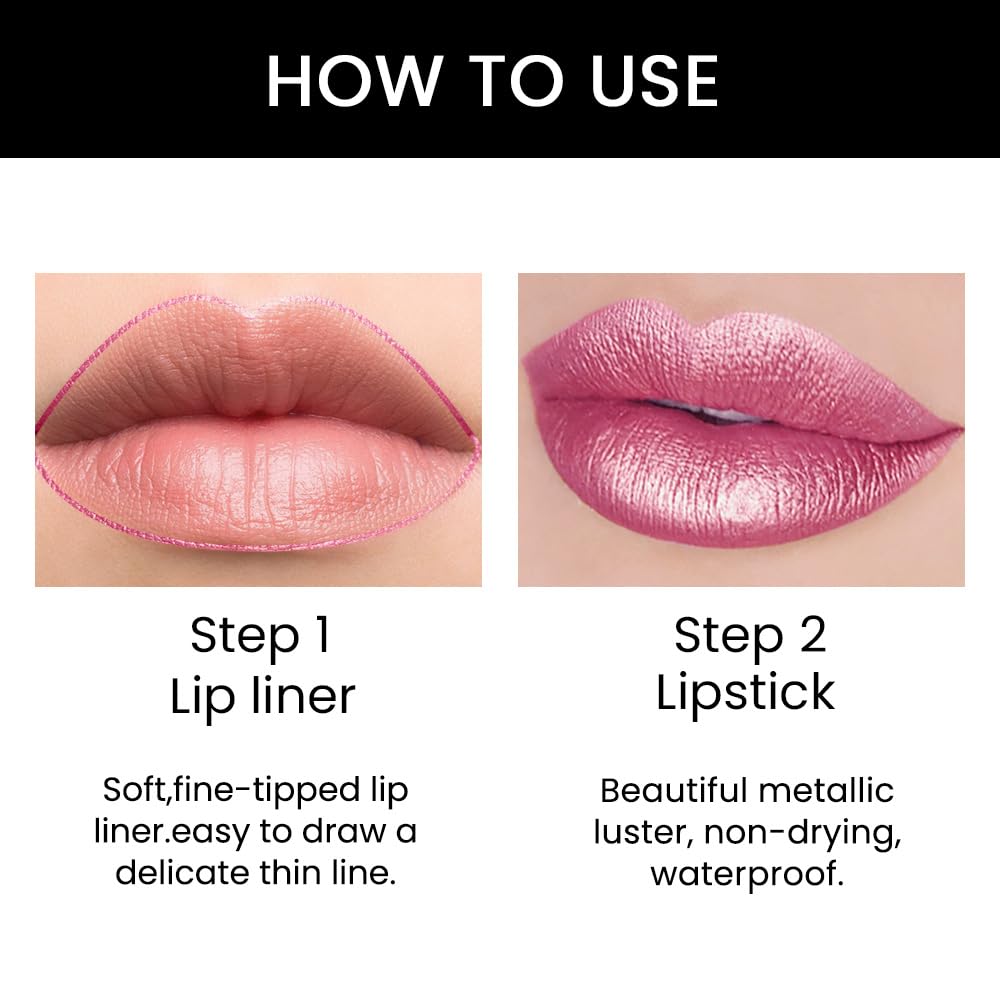 Kaely 2-in-1 Rose Pink Metallic Shine Shimmer Lip Liner & Lipstick Combo Set Kit for Women, Lightweight Hydrating Formula High Impact Full Coverage Lipstick and Lip Liner Makeup Stains Gloss 21-Velvo Beauty