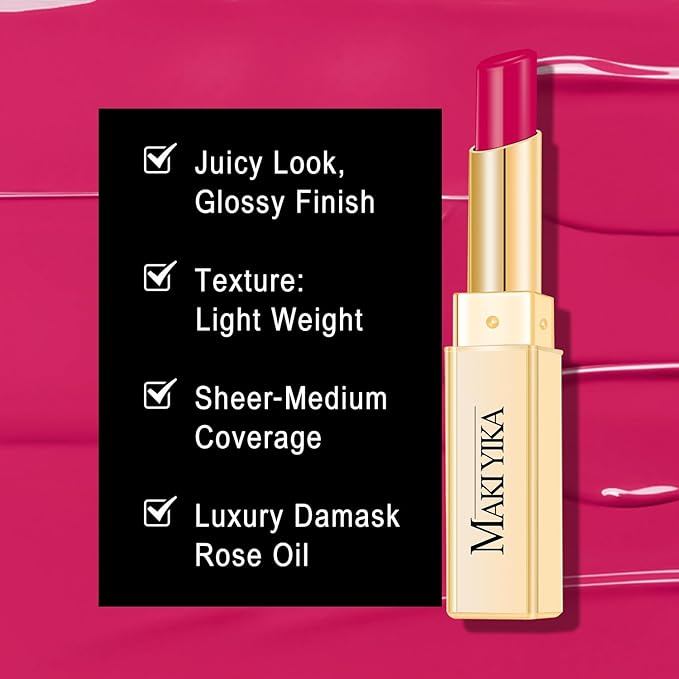 MAKI YIKA Moisture Hot Pink Lipstick for Women Hydrate Lip Balm for Dry Cracked Lips Weightless Glossy Lip Color Juicy Finish,MA056 Girl's Pink-Velvo Beauty