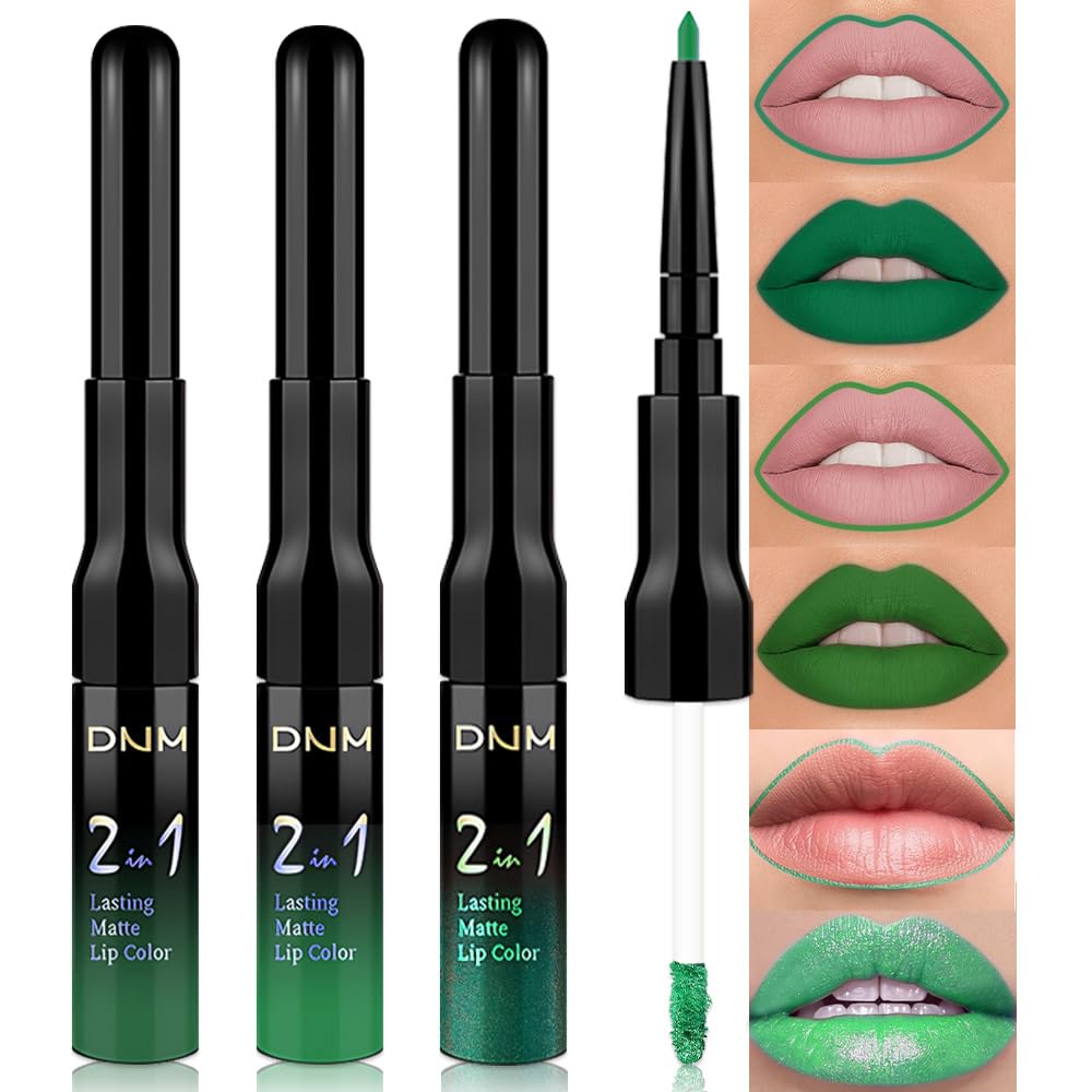 evpct 3Pcs Green Matte Shimmer Lip Liner & Liquid Lipsticks Stain Makeup Set for Women, Green Lip Liner Stain Long Lasting Waterproof Smudge Proof, Cruelty Free Lip Sticks Makeup 24 hours originales-Velvo Beauty