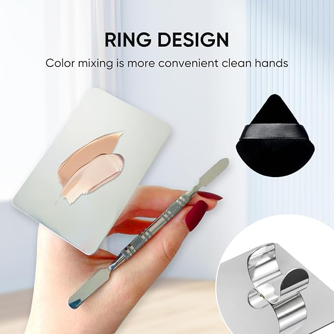 Stainless Steel Cosmetic Palette with Spatula, 3-well Mixing Makeup Palette and 3-dents Nail-art Mixer Metal Tray, also Fine Eyeliner Brush and Powder Puffs .Professional Makeup Palette with Spatula-Velvo Beauty