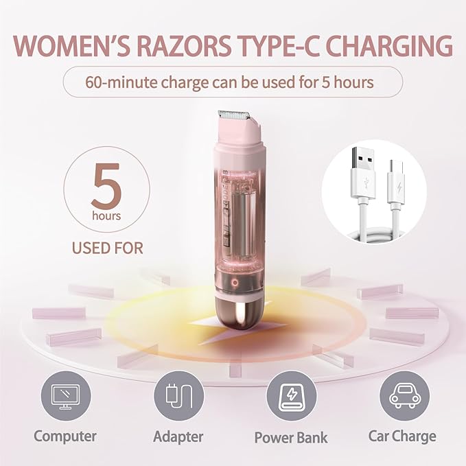Bikini Trimmer for Women, Waterproof Electric Bikini Shaver Cordless Recharge Razors for Women for Leg Bikini Area Face Armpit & Body Trimming, Ideal Gifts for Ladies - Pink-Velvo Beauty