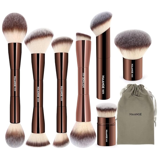 MAANGE 7pcs Makeup Brush Set Double Sided Kabuki Makeup Brushes Contour Brush for Foundation Liquid Powder Concealer Cream Cosmetics Bronzer Blending Blush Buffing Makeup Tools (Coffee)-Velvo Beauty