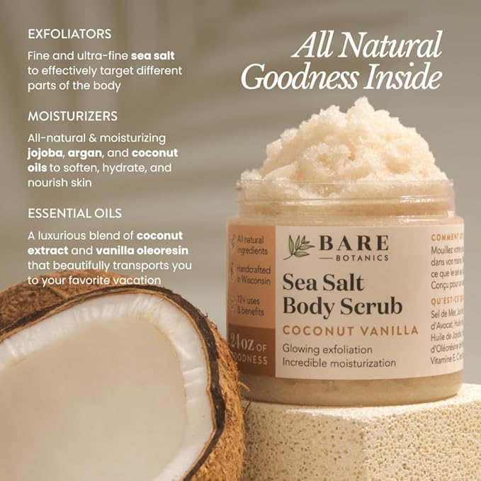 Bare Botanics Coconut Vanilla Body Scrub 24oz | Made in Madison, WI | All Natural Sea Salt Exfoliator w/ Skin Loving Moisturizers | Vegan & Cruelty Free | Gift Ready Packaging w/ a Cute Wooden Spoon-Velvo Beauty