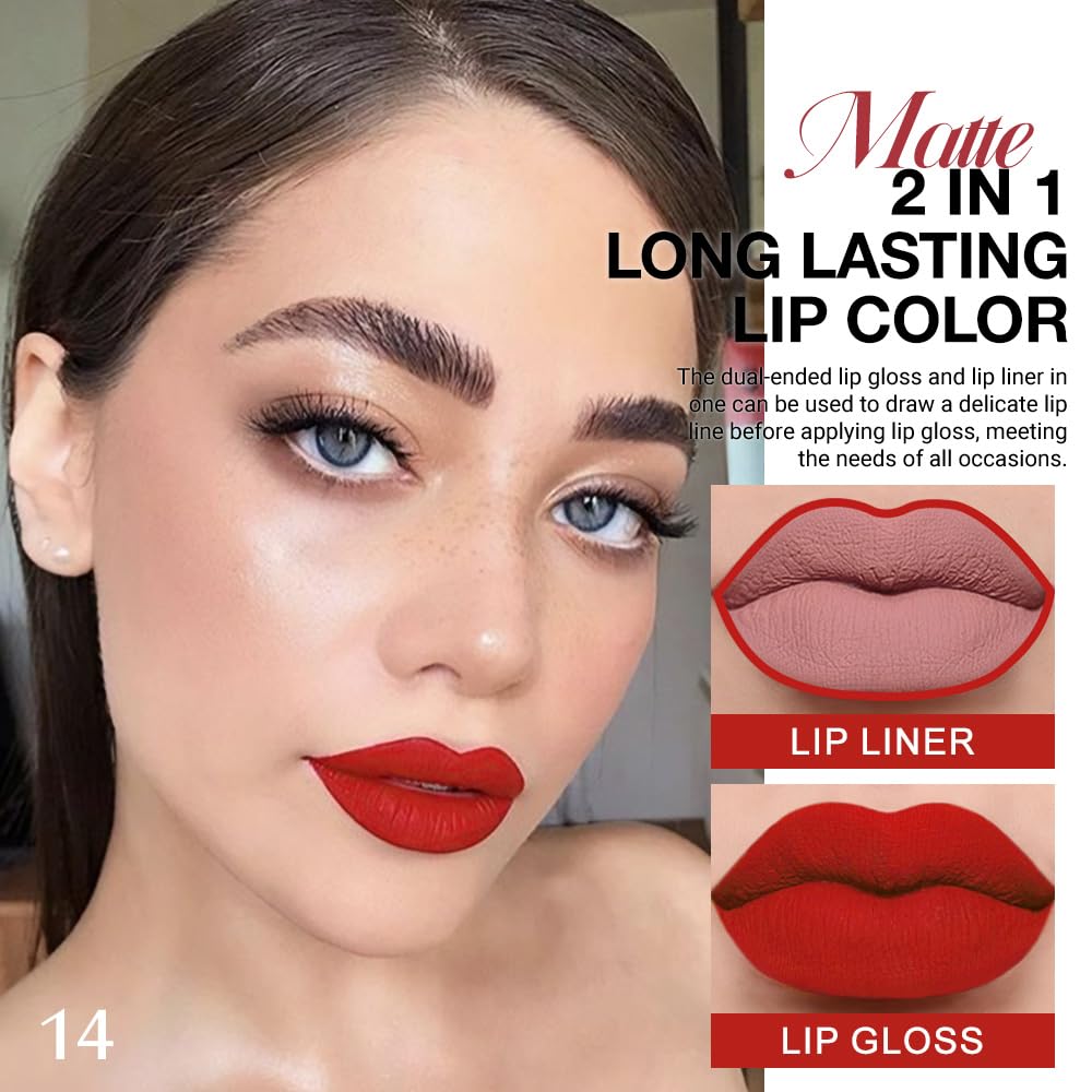 evpct 1Pcs Bright Fire Ruby Red Matte Lip Liner and Liquid Lipstick Stain Makeup Set for women, Red Long Lasting Smudge Proof Lipstick labiales matte mate larga duracion listip 24 hours originales,14#-Velvo Beauty