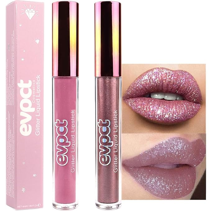 evpct 2Pcs Mauve & Taupe Mauve Glitter Metallic Shimmer Diamond Lipstick Lip Gloss Stain Set for Women Long Lasting Waterproof, Purple Sparkle Glitter Matte long Wear Liquid Lipstick Lip Makeup Kit-Velvo Beauty