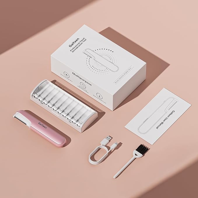 Dermaplaning Tool for Women Pink - Facial Exfoliation & Peach Fuzz Hair Removal with Rechargeable Sonic Edge Technology, 10 Refill Blades-Velvo Beauty