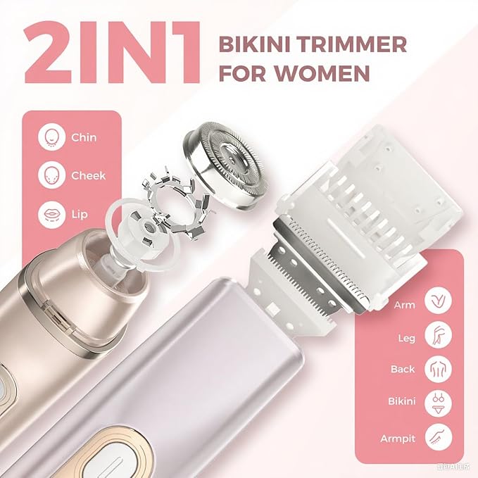 2 in 1 Bikini Trimmer for Women, Dual Head Electric Razor, IPX7 Waterproof Wet/Dry Use Women Electric Shaver, Painless Body Facial Hair Remover for Bikini Legs Arm Underarm, (Purple)-Velvo Beauty
