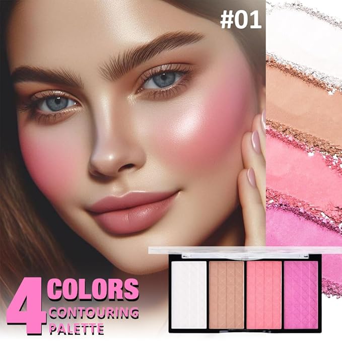 Matte Powder Blush Palette, 4 Colors Face Palette with White Highlighter, Brown Contour, Pink & Rose Pink Blush for Cheeks, Natural Lasting Makeup Palett for Women, Blus and Highlighter Pallet-Velvo Beauty