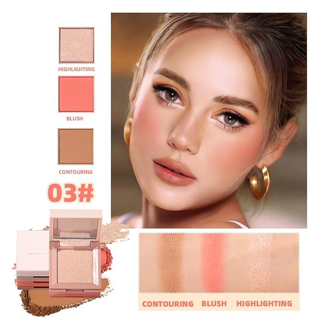 3 in 1 Contour Highlighter Blush Makeup Palette Kit, Matte Shimmer 3 Colors Highlighting Bronzing Blusher Eyeshadow Pallet, Long Lasting Full Face Eyes Contouring Shaping Makeup Set with Mirror-Velvo Beauty