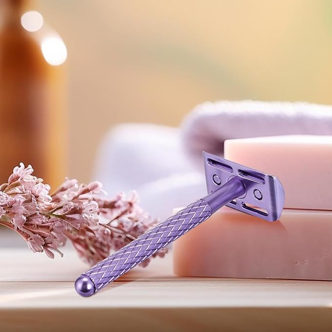 Double Edge Safety Razor for Women Purple with 10 Blades and Silicone Cover - Durable Metal Eco-Friendly Single Blade Razor - Closed Smooth Shave-Velvo Beauty