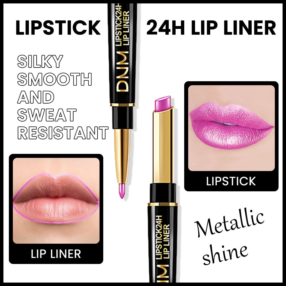 Kaely 2-in-1 Pink Metallic Shine Shimmer Lip Liner & Lipstick Combo Set Kit for Women, Lightweight Hydrating Formula High Impact Full Coverage Lipstick and Lip Liner Makeup Stains Gloss 19-Velvo Beauty