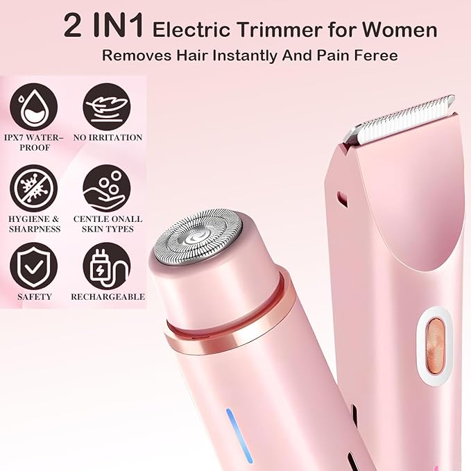 Bikini Trimmer for Women, 2 in 1 Dual Head Bikini Shaver, IPX7 Waterproof Wet and Dry Dual Use Eletctric Razors, USB-C Rechagreable Body Shaver for Public Hair, Silk Skin, Facial and Body-Velvo Beauty