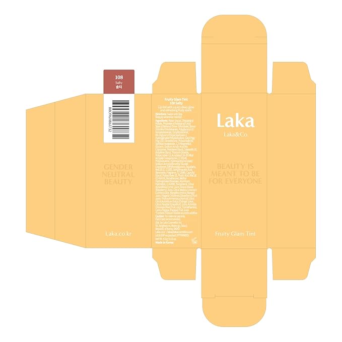 Laka Fruity Glam Tint, 4.5g/0.15 oz., Glowing Lip Stain with Wide Color Spectrum, Hydrating & Lightweight Texture, Long-Lasting Bold Stain, Non-Sticky, Vegan, K-Beauty (#108 Salty)-Velvo Beauty