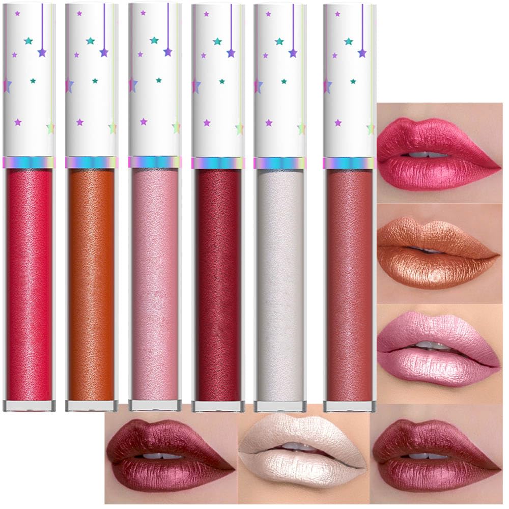 evpct 6Pcs Rose Bronze Gold Nude Pink White Dark Maroon Red Metallic Shimmer Glitter Lip Gloss Liquid Lipstick Set for Women Long Lasting Waterproof 24, Pearlescent Sparkly Glossy Lipsticks Lip Makeup-Velvo Beauty