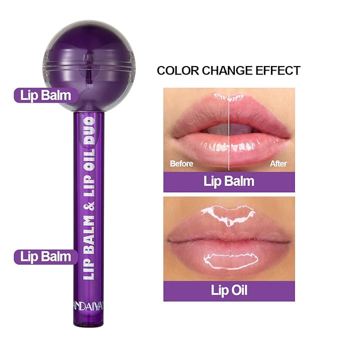 Tinted Lip Balm Lollipop Lip Gloss, Magic pH Color Changing Pink Lipstick & Vitamin E Clear Lip Oil Combo, Hydrating Plumping Lip Care Product for Girls (Purple)-Velvo Beauty