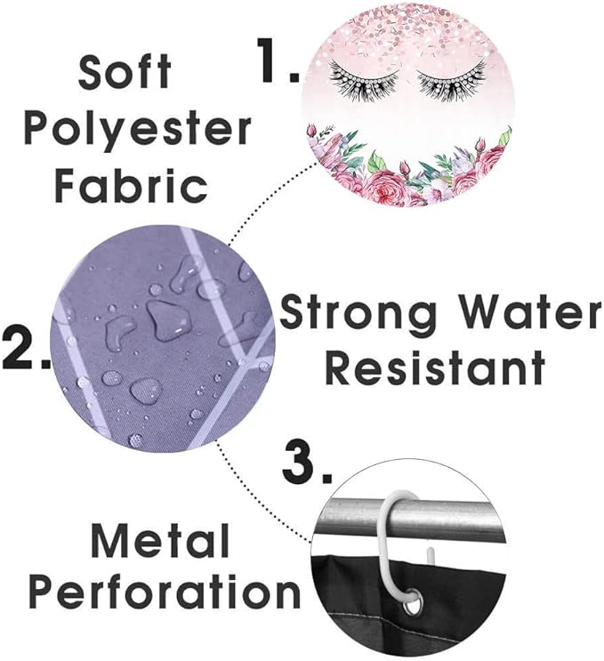 4PCS Diamond Eyelash Shower Curtain Set, Rustic Flower Botanical Bouquet Confetti Girly Makeup Fashion Bathroom Decor Waterproof Fabric Shower Curtain Non-Slip Bath Mat Toilet Rug, Pink Floral-Velvo Beauty