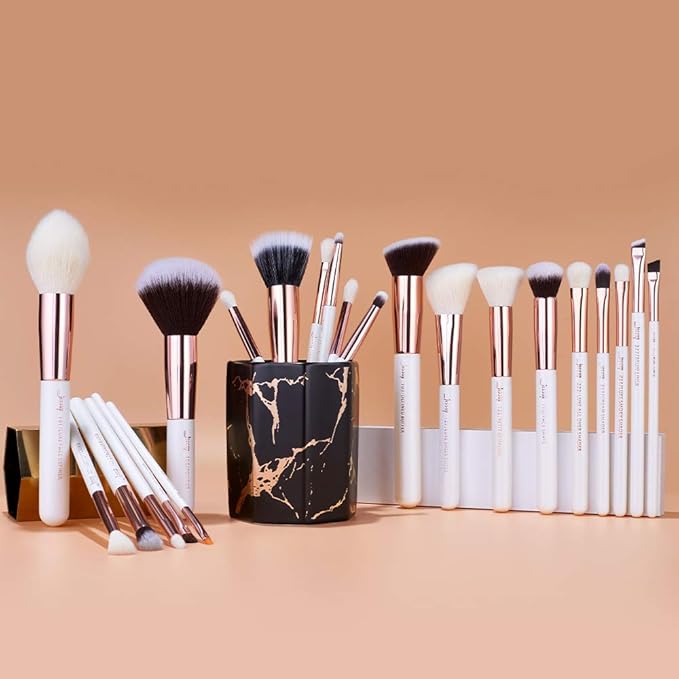 Jessup Brand 25pcs Professional Makeup Brush set Beauty Cosmetic Foundation Power Blushes eyelashes Lipstick Natural-Synthetic Hair Brushes set (Pearl White/Rose Gold)-Velvo Beauty