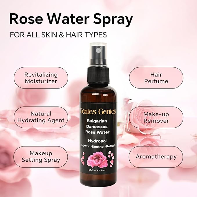 100% Pure Bulgarian Damascus Rose Water Hydrosol – Luxury Facial Toner for Hydration & Radiant Skin, Body Mist & Pillow Spray | Natural Skincare | 3.4 fl oz-Velvo Beauty