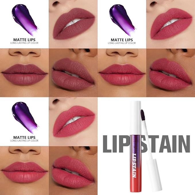 evpct 3Pcs Peel Off Lip Stain Tints, Maroon Red Mauve Matte Liquid Lipstick Lip Stain Long Lasting Waterproof for Women, Non-stick Cup Lipstick Peel Off Highly Pigmented Not Faded Smudge-proof Liptint-Velvo Beauty