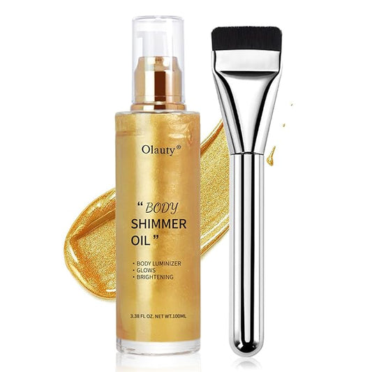 Shimmer Body Oil-Gold Face Brighten Glow Pearl Highlighter Liquid Illuminator Body Glow Oil,4 Color Bronze Makeup Glitter Body Shimmer Oil with Makeup Brush-Velvo Beauty