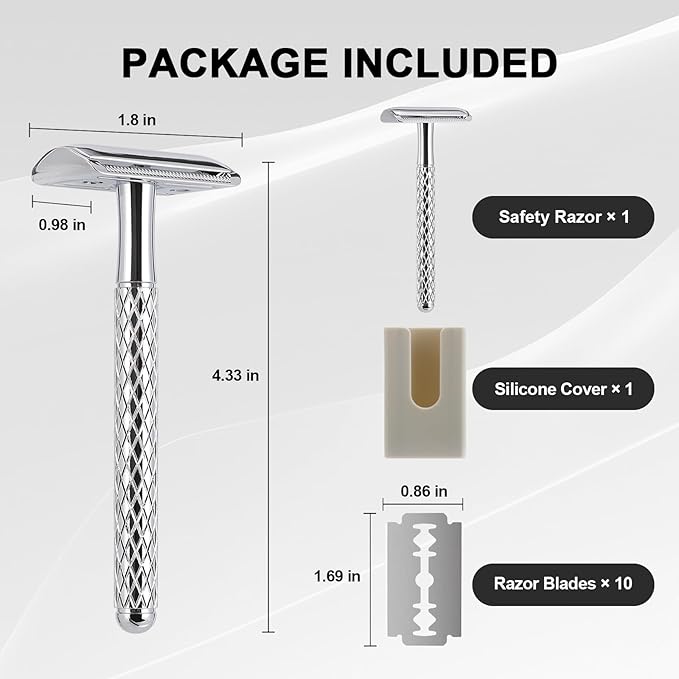 Double Edge Safety Razor with Chrome Plated Handle & Silicone Cover & 10 Blades Single Blade Safety Razor for Travel Metal Eco-Friendly Reusable Razor for Shaving-Velvo Beauty