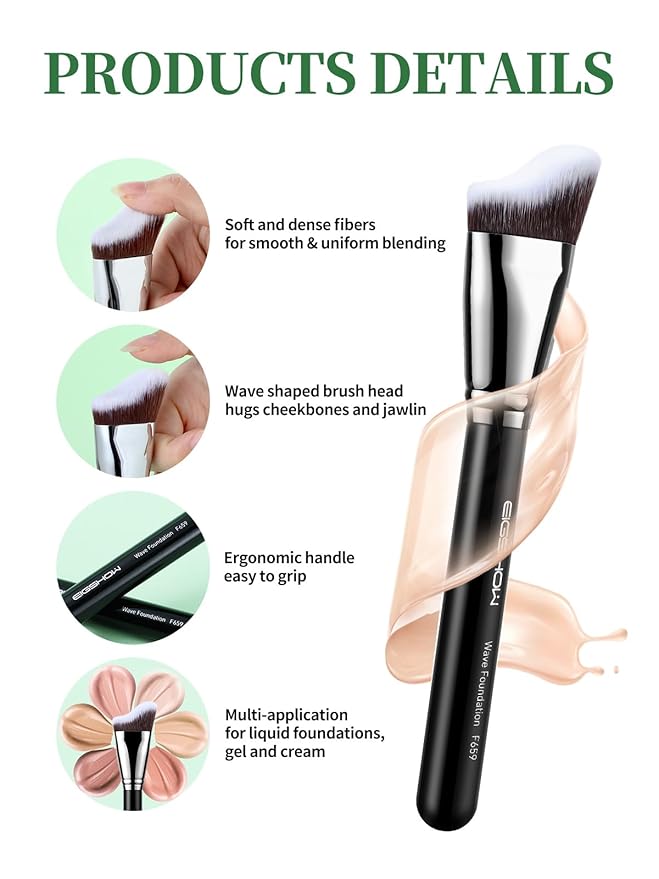 EIGSHOW Foundation Brush with Wave Shaped Head for Liquid, Cream, Powder Blending Cheekbones Jawline, Large Premium Dense Synthetic Bristles (F659)-Velvo Beauty