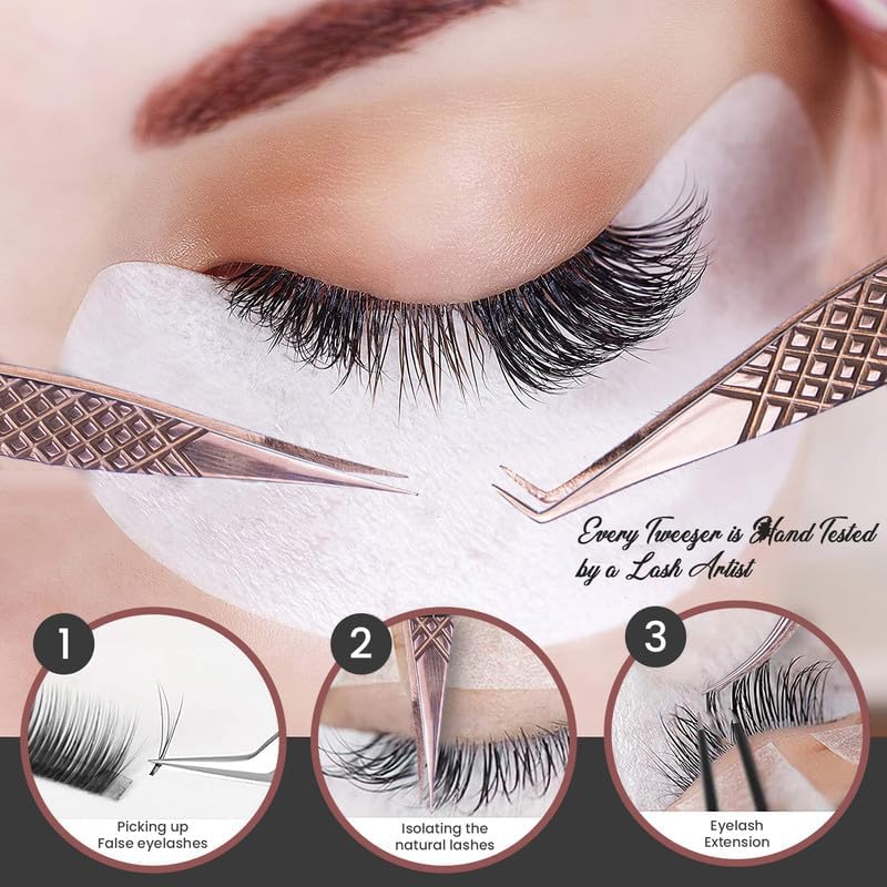 5 Pcs Fiber-Tip Japanese Steel Lash Tweezer Set with Leather Case, Professional Eyelash Tweezers for Lash Extensions – Titanium Coated, 90 & 45 Angled, Precision Pointed Tweezers (METALIC-ROSE)-Velvo Beauty