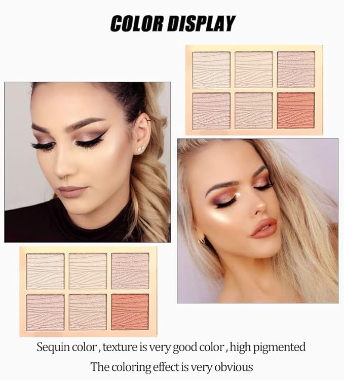 6 Colors Highlighter Makeup Face Palette, Shiny Glow Highlighter Shimmer Metallic Palette Professional Face Contouring Blemish Pallet, Natural Shiny Makeup Face Glitter Blush Cheeks Pallet Contour Illuminator Makeup Highlight Powder for Women-Velvo Beauty
