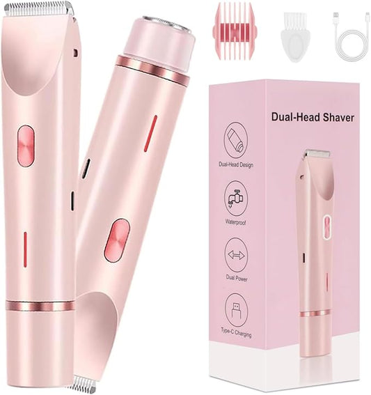 Dermave Bikini Shaver,2 in 1 Dual Head Bikini Trimmer & Body Shaver, Painless Hair Removal with Silky Glow Finish, Cordless & Waterproof Electric Trimmer for Women,Pink-Velvo Beauty