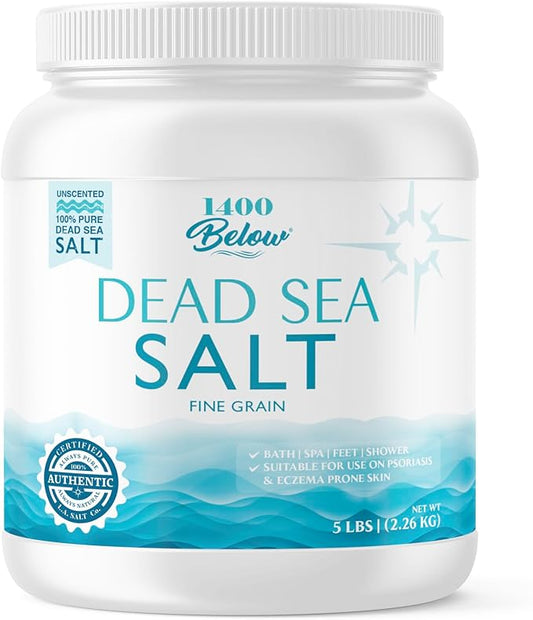 1400 Below 5 Lbs Jar Dead Sea Salt, Fine Grain - Foot and Spa Bath Soak, Exfoliating Body Scrub, 100% Pure and Mineral-Rich, Highest Mineral Content – Natural Muscle Tension Relief-Velvo Beauty