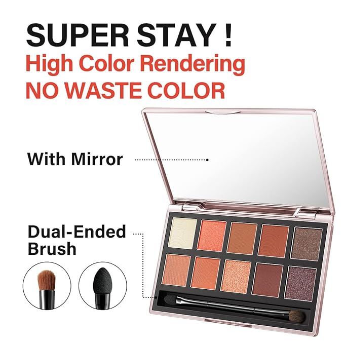 10 Color Eyeshadow Palette, Matte, Shimmer, Glitter Pigment Eye Shadow Makeup Pallete, Neutral Nudes Sunny Orange Eye Makeup Palette with Brush & Mirror, 01.Sunset-Velvo Beauty