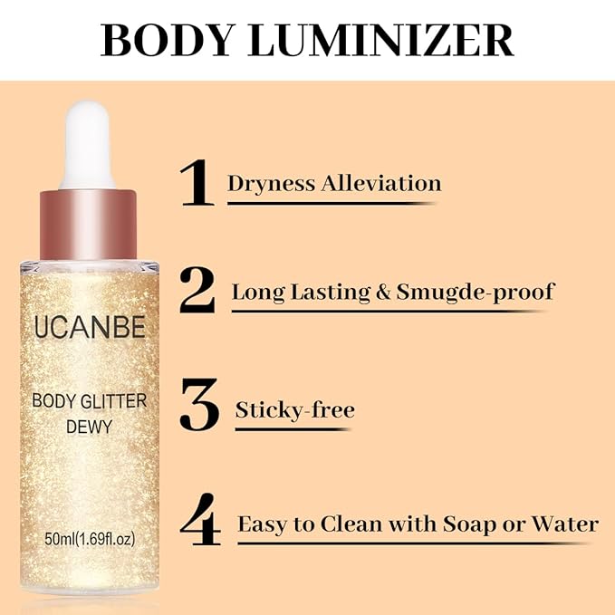 UCANBE Hydrating Body Shimmer Face Glitter Highlighter Makeup Liquid Glow Lotion for Women Holographic Luminizer for Hair for Valentine's Day Gifts (Champagne Gold - 01)-Velvo Beauty