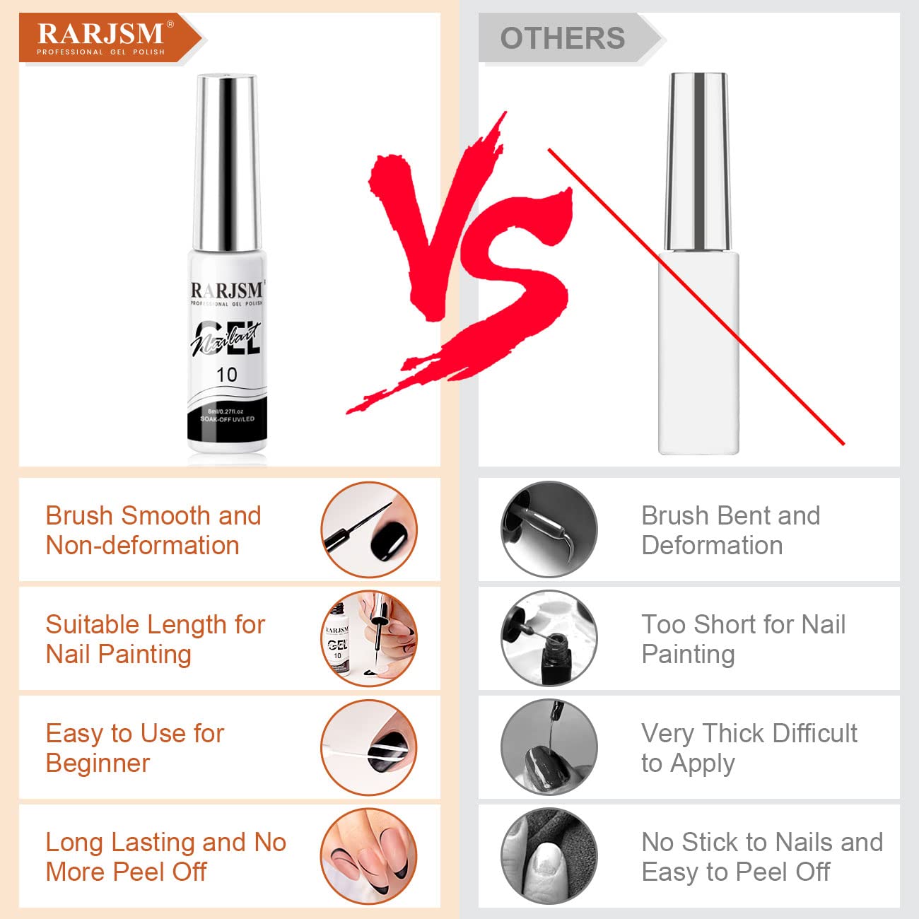 RARJSM Nail Art Gel,Liner Gel Polish,Black White Nail Design Polish Painted GelNailPolish Set 2Pcs Soak off Curing Requires 8ml Build in Thin Brush for Home Salon Diy Nails French Manicure Painting-Velvo Beauty