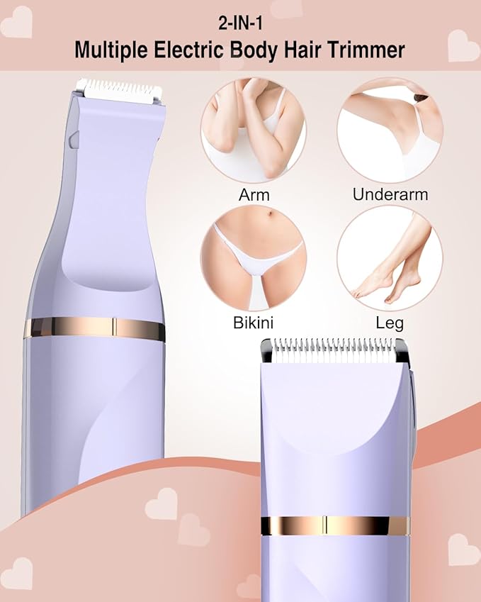 Bikini Trimmer for Women,Painless Electric Razor for Pubic Hair,Rechargeable Body Hair Trimmer,Electric Shaver Removal with Snap-in Ceramic Blades IP7X Washable Head,Wet and Dry Use, Light Purple-Velvo Beauty