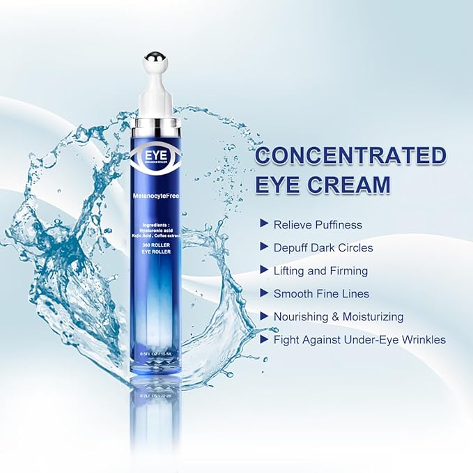 Caffeine Eye Serum,Under Eye Roller Serum with 360° Massage Ball,Eye Contour Cream for Dark Circles and Puffiness Wrinkles Fine Lines-Velvo Beauty