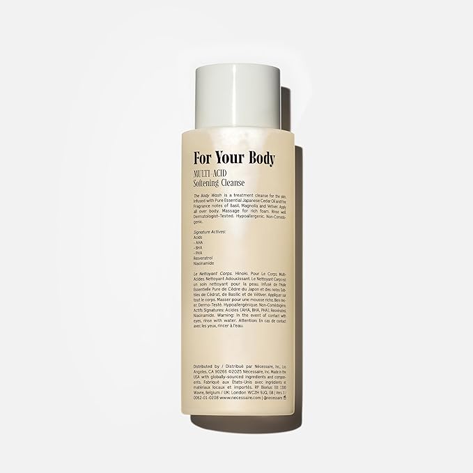 Nécessaire The Body Wash Hinoki - Natural Body Wash for Women & Men, Softening Shower Gel with Gentle Exfoliating Acids AHA/BHA/PHA. Gel Cleanse, 8.4 fl oz.-Velvo Beauty
