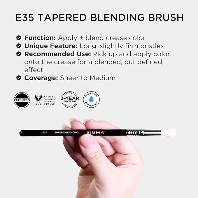 Sigma Beauty Professional E35 Tapered Blending Brush – Professional Eyeshadow Brush for Precision Eyeshadow Blending, Softens Dramatic Edges & Harsh Lines for a Well Blended Effect (1 Brush)-Velvo Beauty