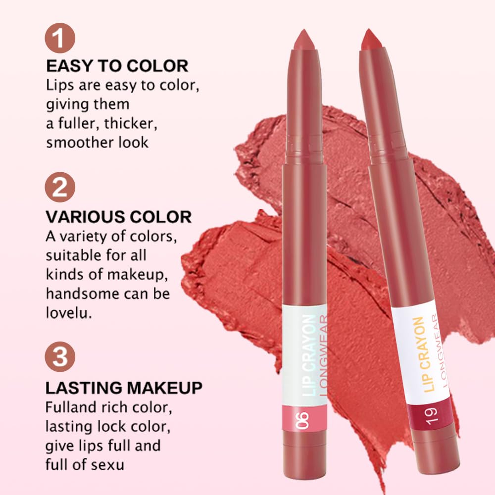 BINGBRUSH Matte Lip Crayon Set – Longwear, Waterproof, Velvet Finish, Built-in Sharpener, Smooth Lip Liner & Gloss (06#+19#, 2 Count (Pack of 1))-Velvo Beauty