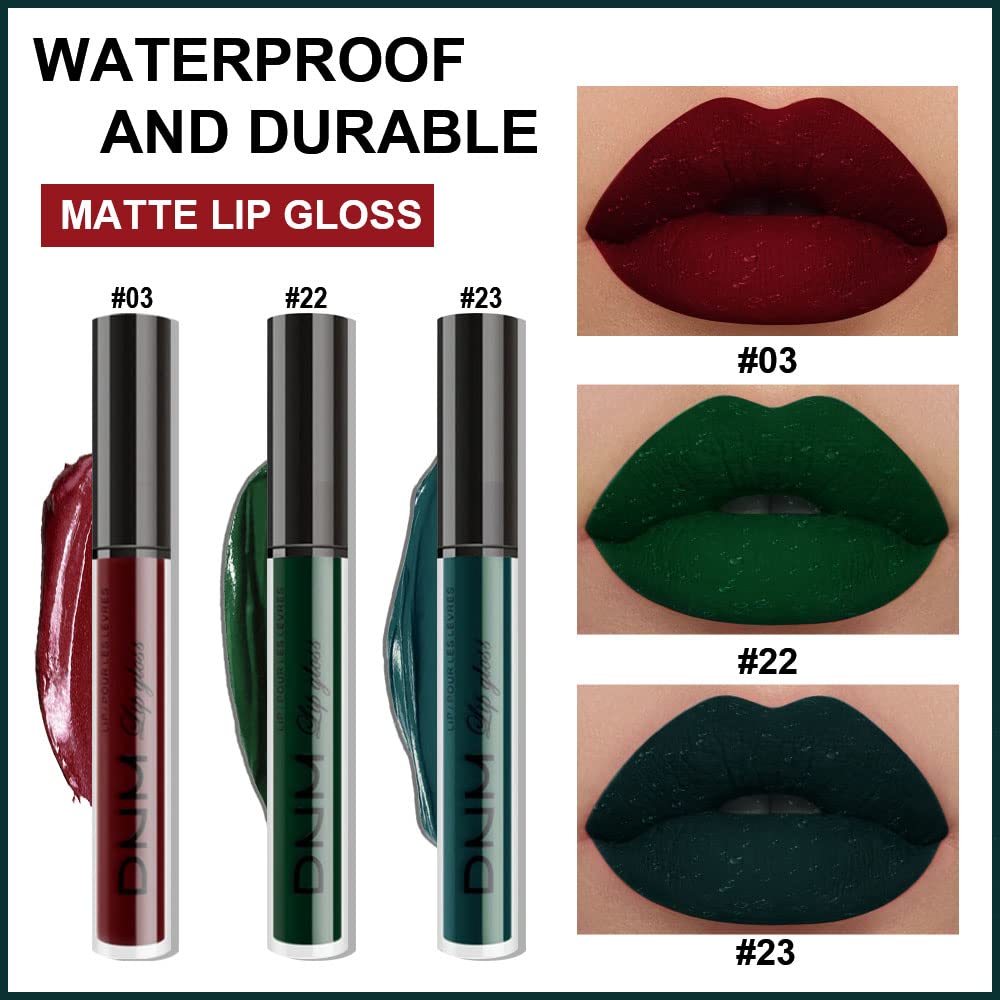 evpct 3Pcs Dark Color Colored Red Emerald Green Matte Liquid Lipstick Make up Set 24 Hour Long Lasting Waterproof Smudge Proof Deep red Green Liquid Lipstick Matte Lip Stain Gloss Liner Kit 8-Velvo Beauty