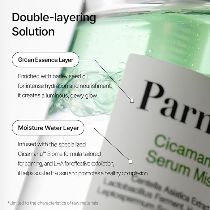 Parnell Cicamanu Serum Mist - Centella Asiatica, Hyaluronic Acid, Ceramide, LHA, Balancing Oil, Moisturizing and Soothing for Radiant Skin (1.69 Fl Oz / 50ml)-Velvo Beauty