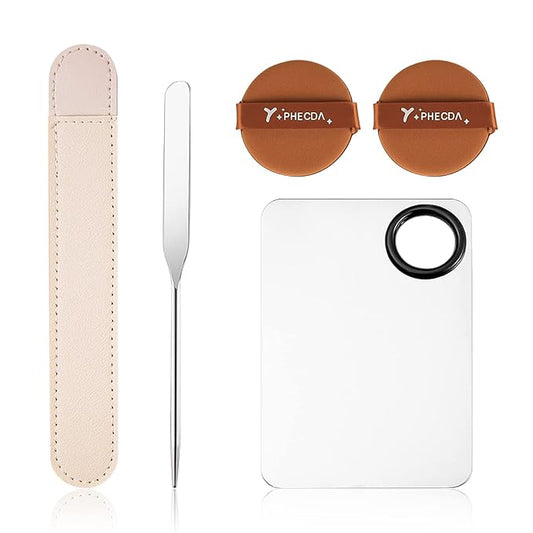 Professional Stainless Steel Makeup Palettes Makeup Spatula set, Makeup Spatula makeup palette Makeup Art Tool For Nail Art Eye Shadow Eyelash Makeup Pigment Blending, with Makeup Powder Puff 2pcs-Velvo Beauty
