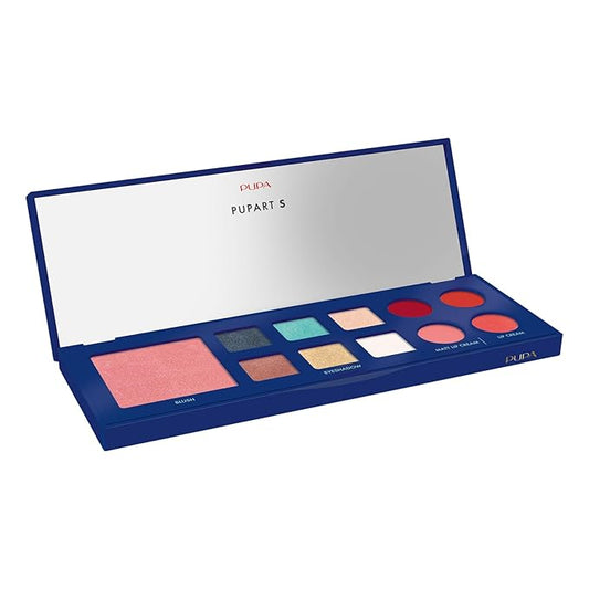 Pupa Milano Pupart S Makeup Palette, 004 Blue, 0.4 oz - Versatile Makeup Kit - Blush for Cheeks - Eyeshadow - Lip Gloss - Lip Cream - Face Makeup-Velvo Beauty