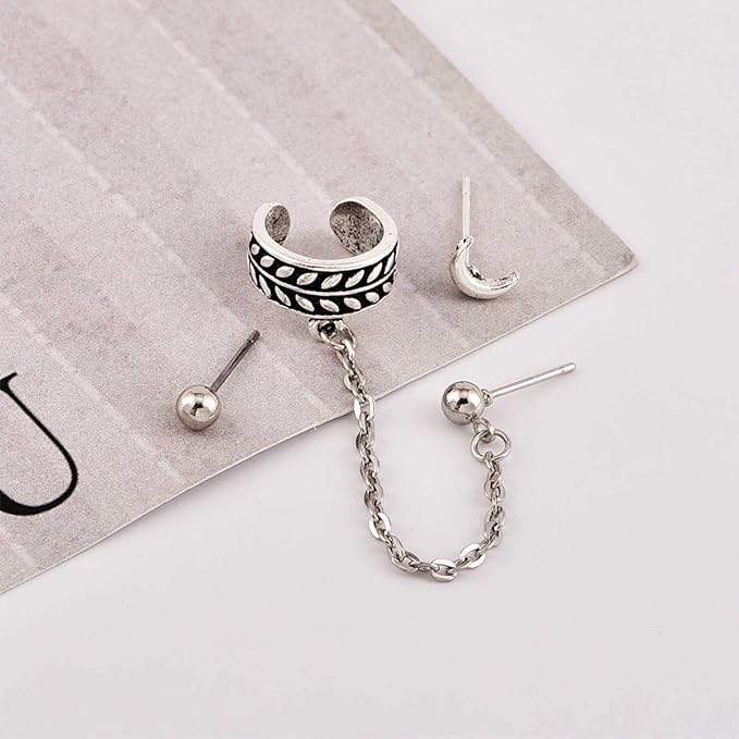 Bohemia Moon Cuff Chain Earrings Silver Chain Climber Dangle Earrings Tassel Chain Cartilage Earrings Chain Drop Dangle Earrings Set for Women and Girls-Velvo Beauty