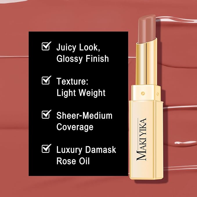 MAKI YIKA Moisture Nude Lipstick for Women Hydrate Lip Balm for Dry Cracked Lips Weightless Glossy Lip Color Juicy Finish,MA055 Mica Nude-Velvo Beauty
