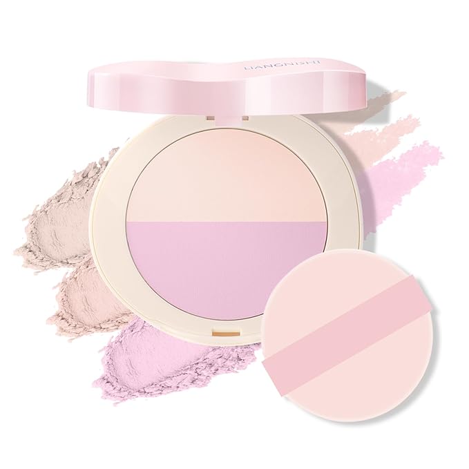 Pink Setting Powder, 3 in 1 Blush Palette with Puff, Highlighter Palette, Fine Texture Blush Pressed Powder, Setting Powder Makeup, Korea Makeup - Purple-Velvo Beauty