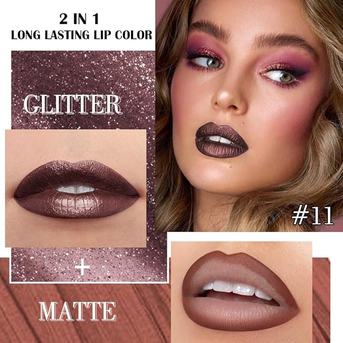 evpct Dark Brown Metallic Glitter Lip Liner and Lipstick Combo Lip Gloss Stain Set Makeup for Women Long Lasting Waterproof 24, Chocolate Metallic Shimmer Frosted Iridescent Shiny Liquid Lipstick 11-Velvo Beauty