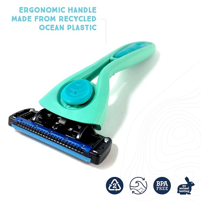 Preserve POPi Shave 5 Razor System Made with Recycled Ocean Plastic and 5-blade cartridge, Neptune Green-Velvo Beauty
