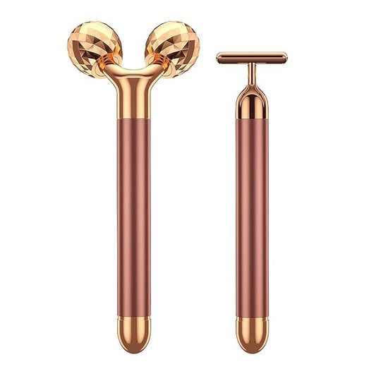 2-IN-1 Beauty Bar 24k Golden Pulse Facial Face Massager, Electric 3D Roller and T Shape Arm Eye Nose Head Massager Facial Roller Massager Kit Skin Care Tools-Velvo Beauty